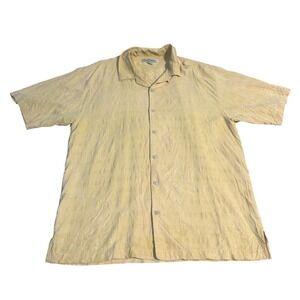 Tommy Bahama Silk Camp Shirt Mens Large Yellow Plaid Palm Leaf Textured Casual